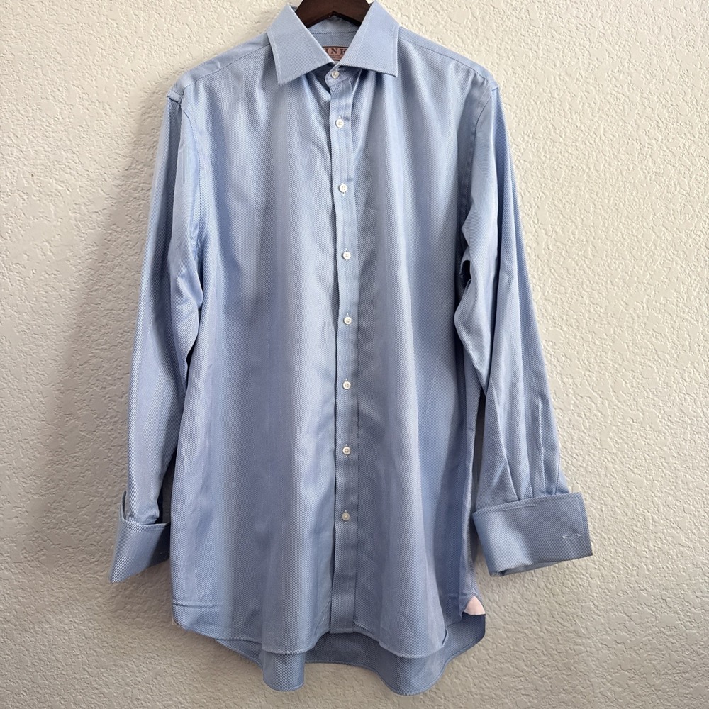 Thomas Pink Mens Prestige Dress Shirt 16 41cm Herringbone Light Blue French Cuff